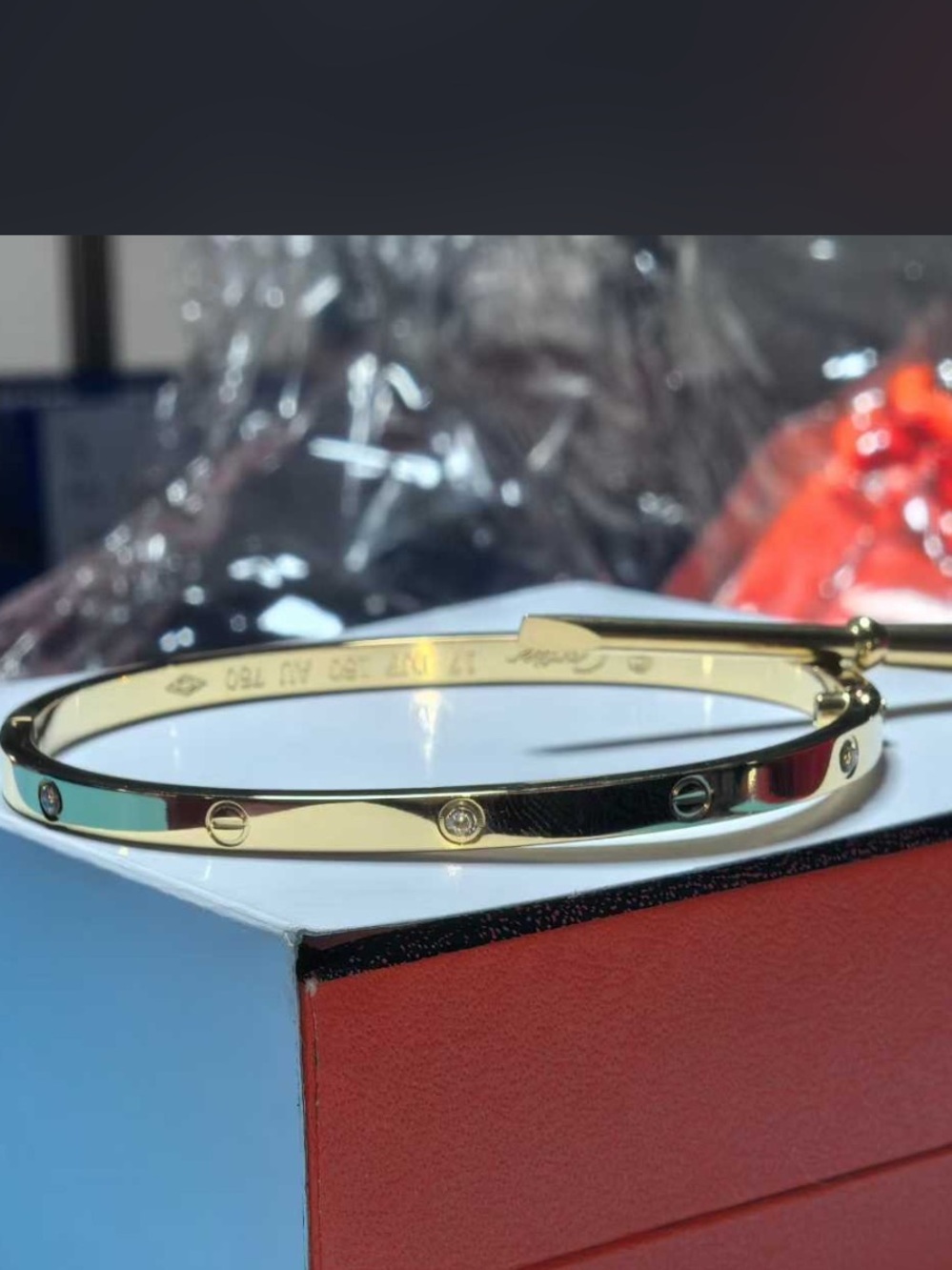 Stamped Gold Love Thin Version Bangle Bracelet With Stones Gold Plated - Picture 2 of 4